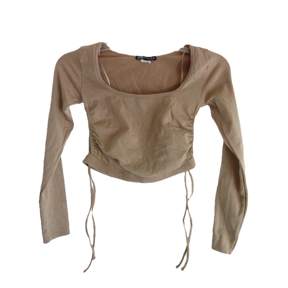Zara Beige Tan Scrunch Side Square Scoop Neck Crop Top Bodycon XS